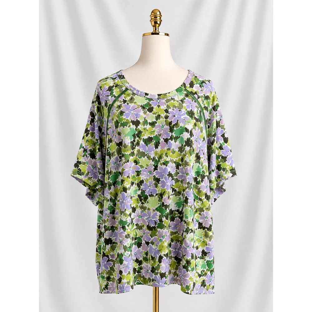 Isaac Mizrahi Live! Printed Top with Flutter Sleeves 3X Green Purple Floral